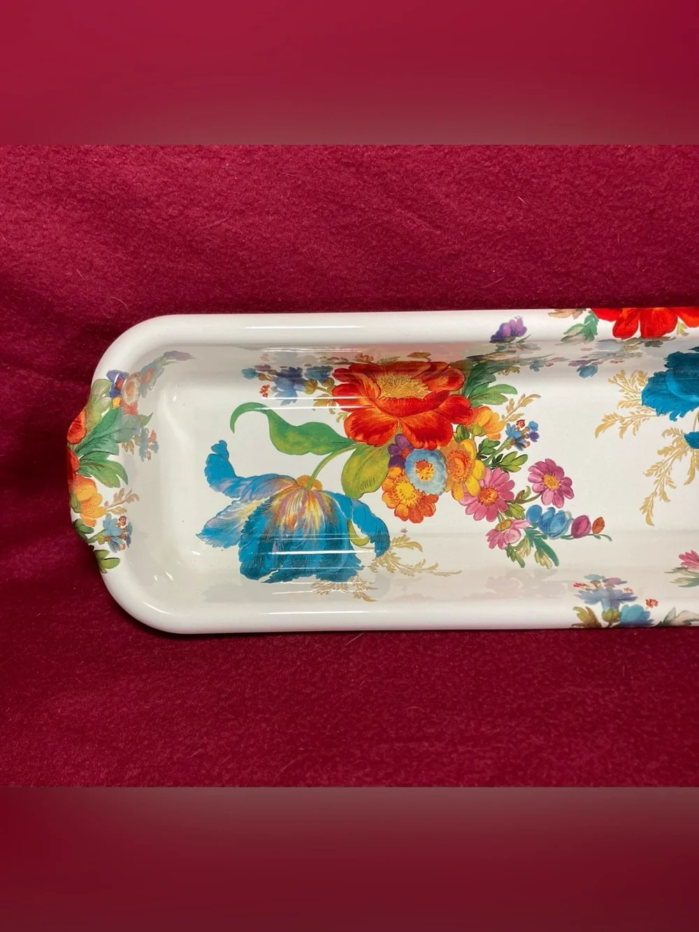 Mackenzie Childs White Flower Market Enamelware Baguette Dish 18” Bread Pan